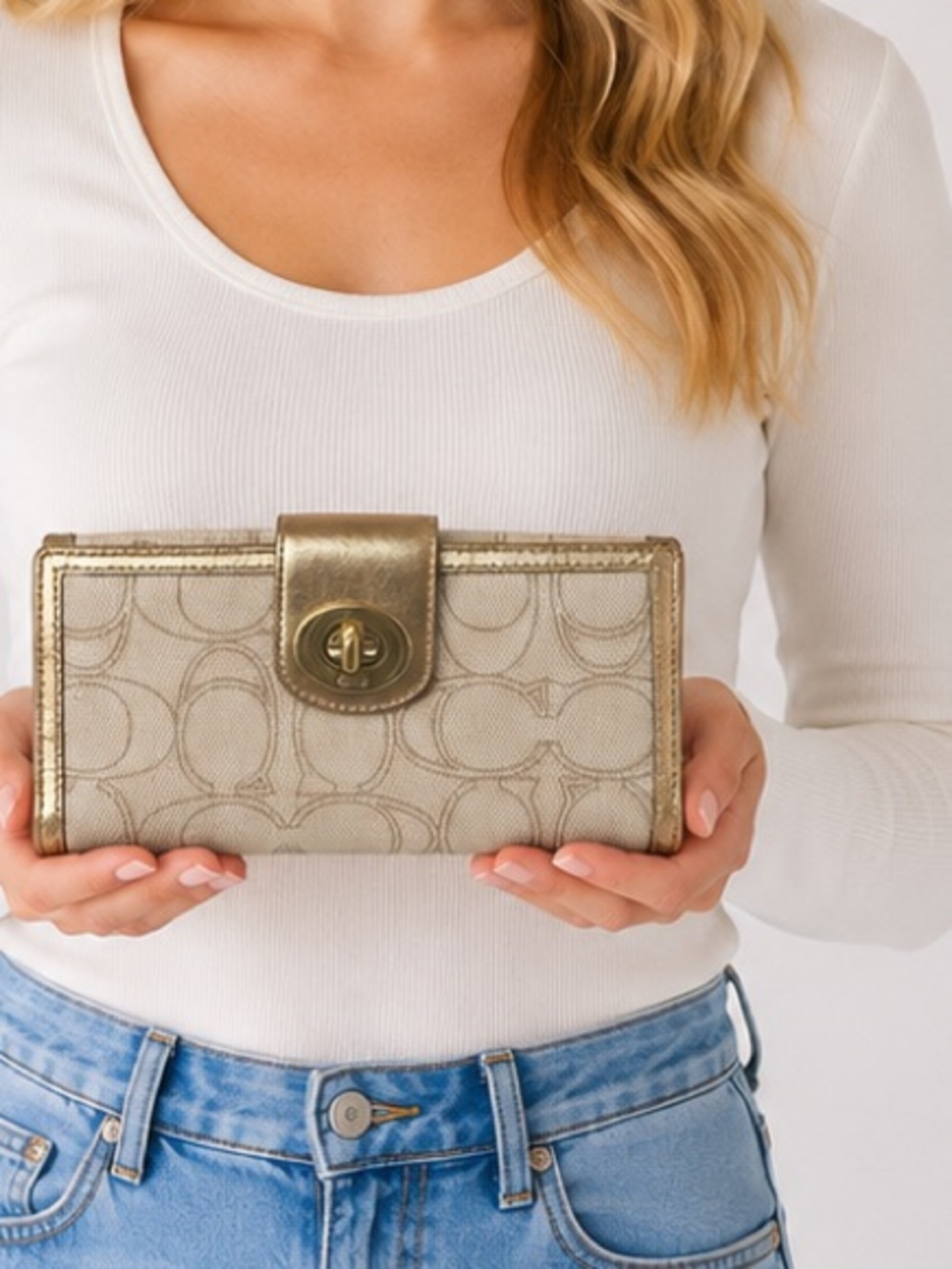 Coach Gold and Tan Turn Lock Signature Wallet